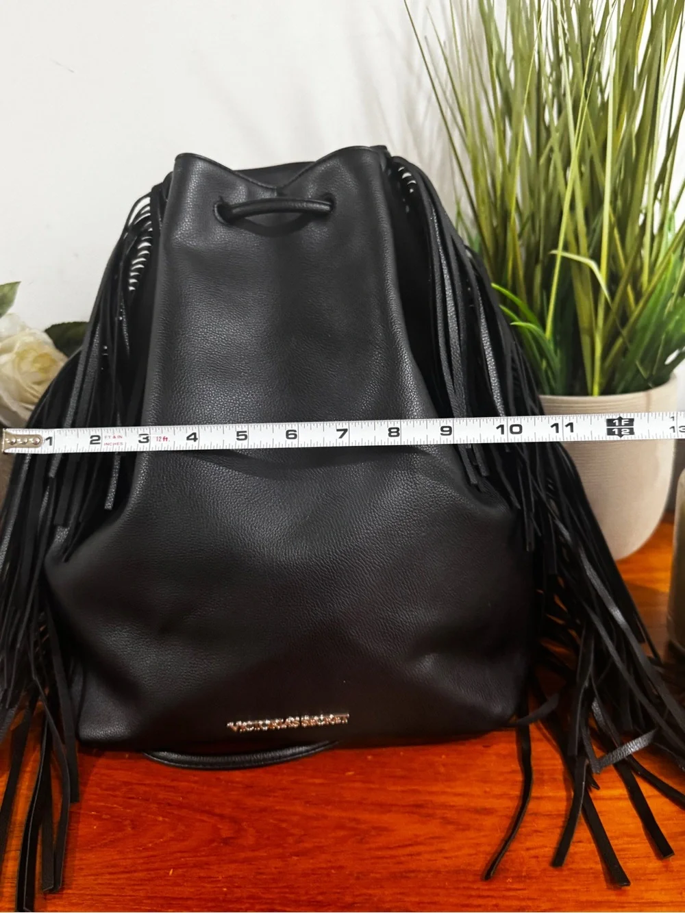 Victoria's Secret Black Fringe Drawstring Backpack